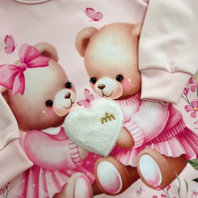 Vestido Manga Longa Ursinhas com Coração de Pelinho - Rosa